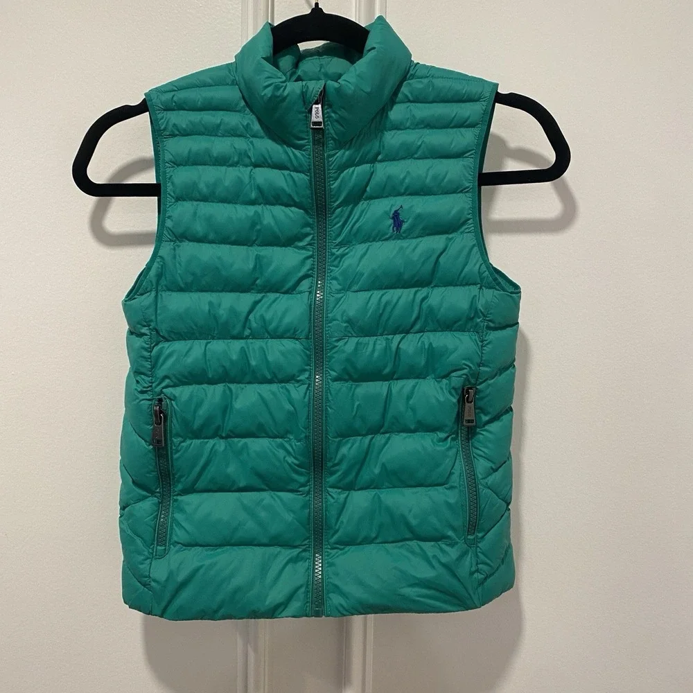 Polo Ralph Lauren Boys Green Quilted Puffer Vest Size S 8 Full‎ Zip Pony Logo